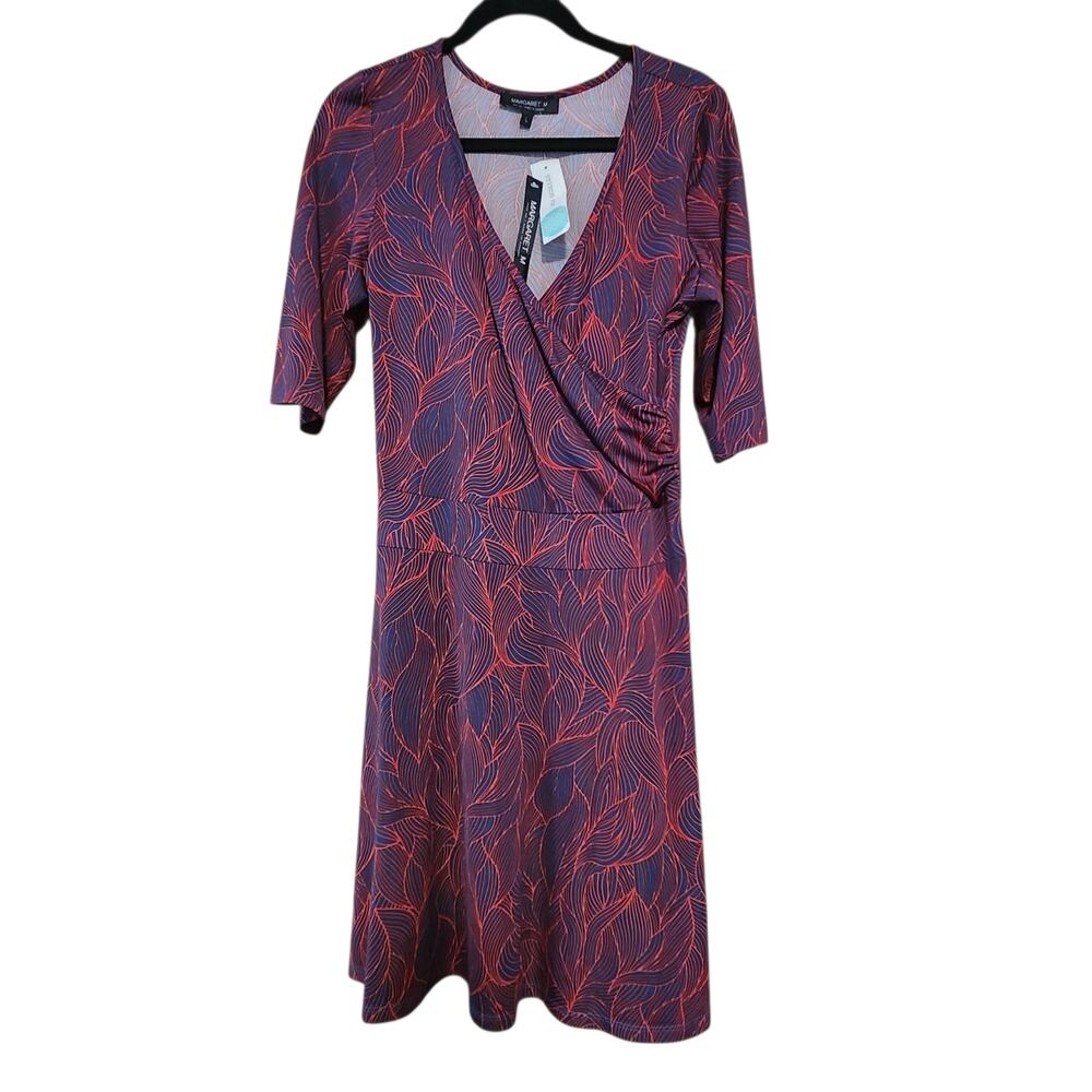 NWT Margaret M Tracie Jersey Dress, Faux Wrap, Ruched Side, red & blue sz L